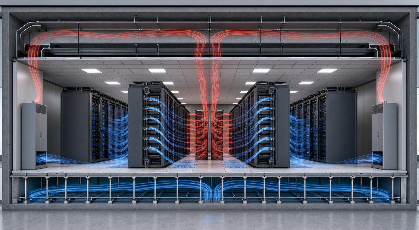 Data center airflow animation showing cool supply and hot return paths through server racks
