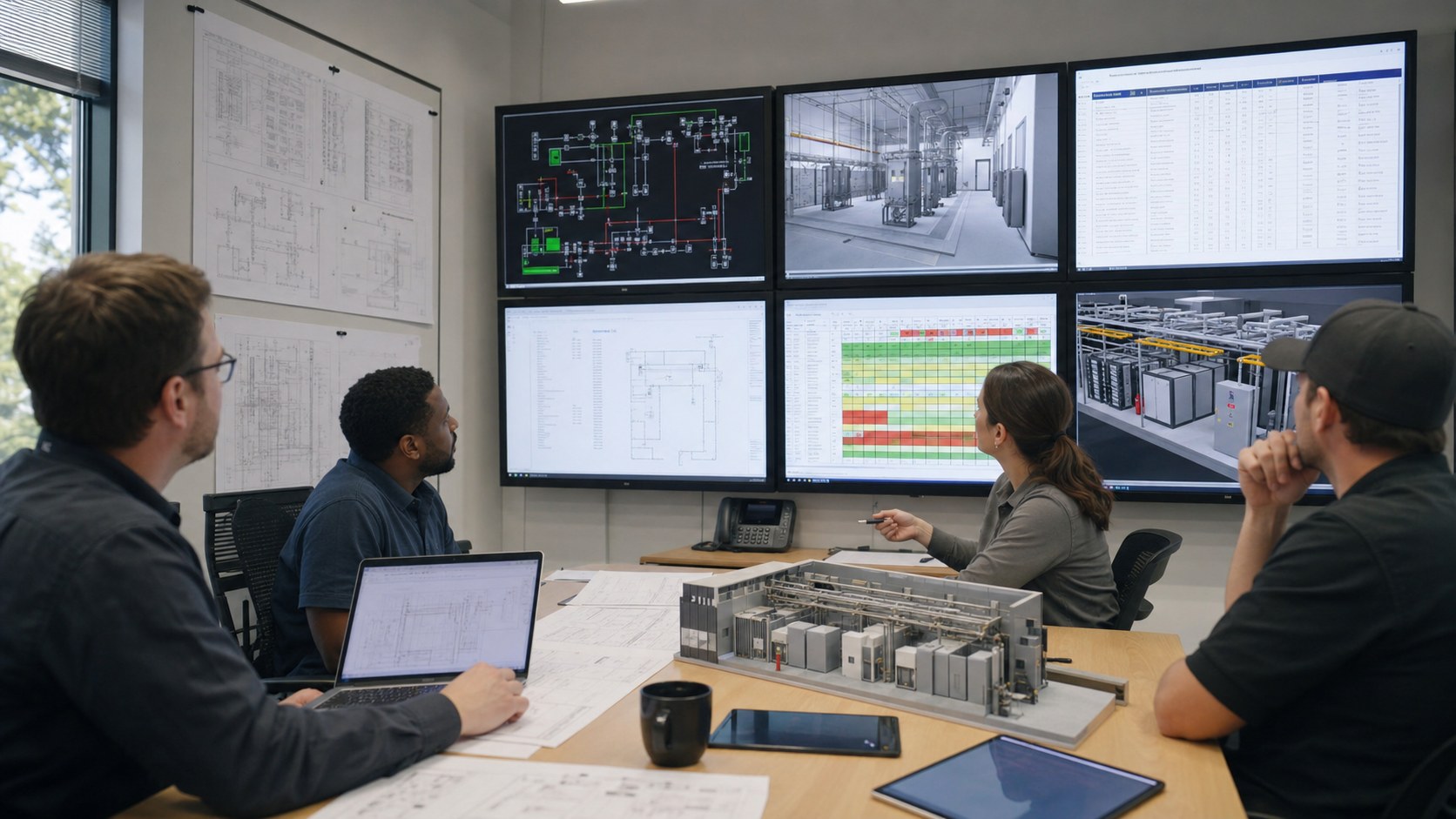 Engineers reviewing operating states for a data center power redundancy animation