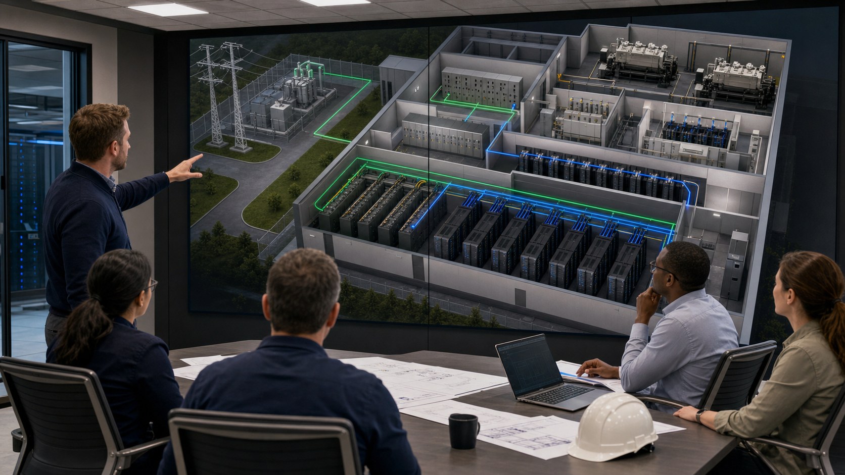 Data center power redundancy animation showing dual electrical paths from utility and generators to server racks