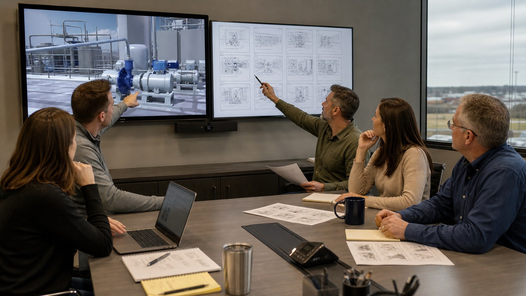 Des Moines client and subject matter experts reviewing a custom animation