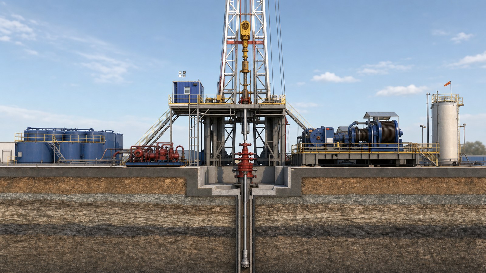 3D drilling rig training animation showing a realistic land rig cutaway