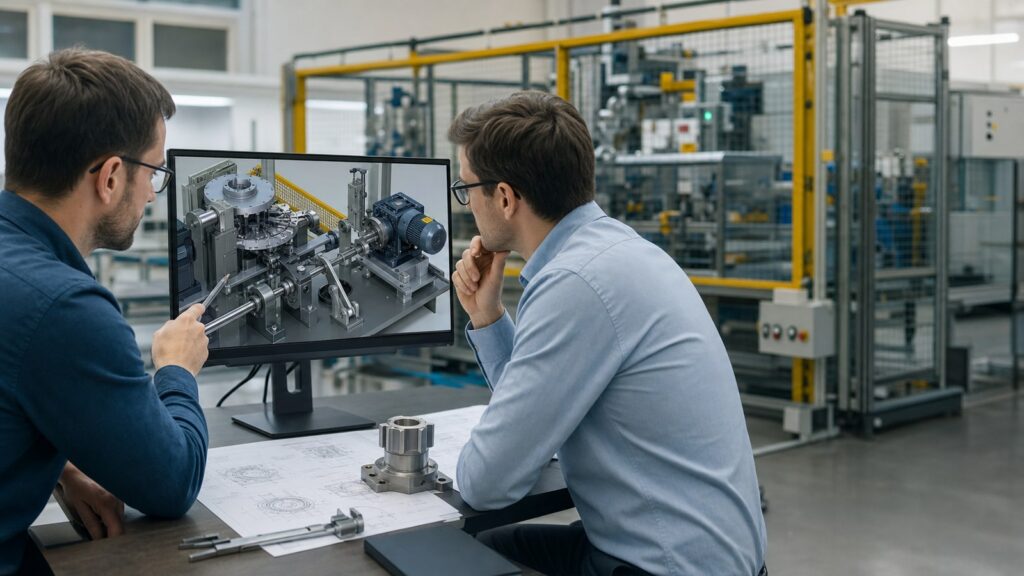 Engineers reviewing an engineering animation for mechanical systems