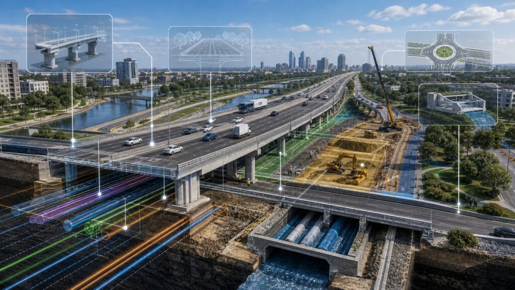 3D civil infrastructure visualization showing roadway, bridge, utilities, drainage, construction zones, and urban context