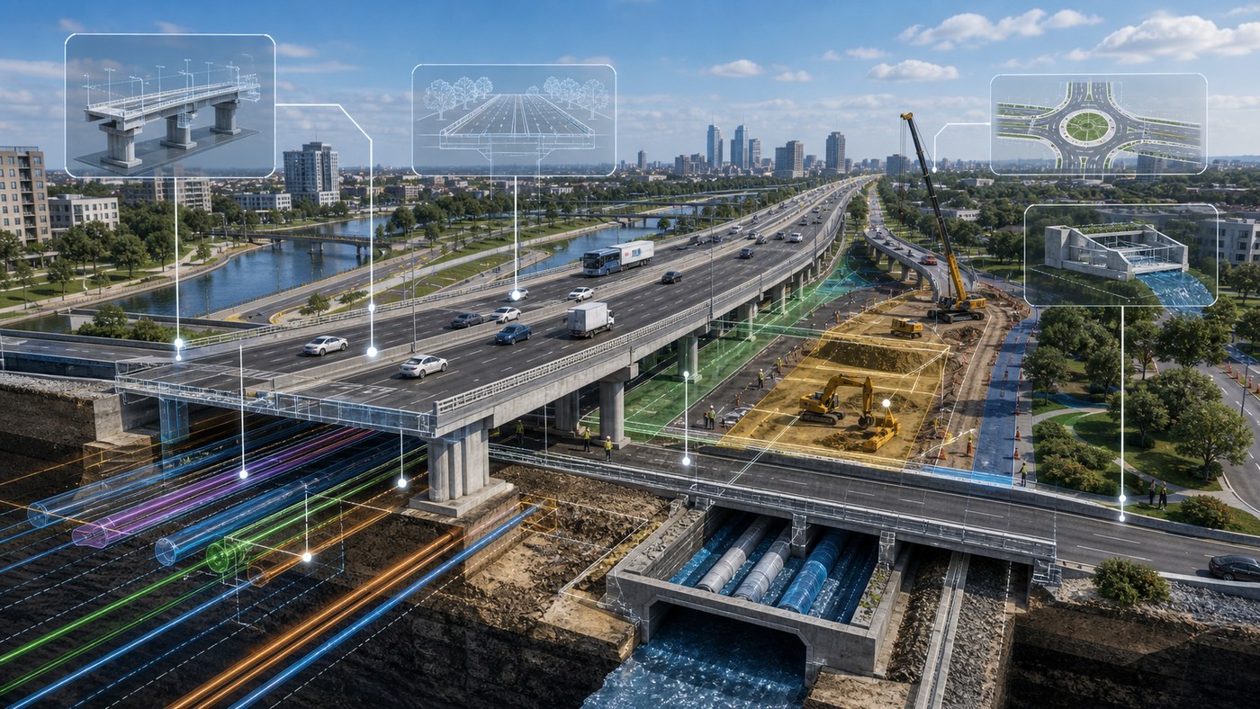 3D civil infrastructure visualization showing roadway, bridge, utilities, drainage, construction zones, and urban context