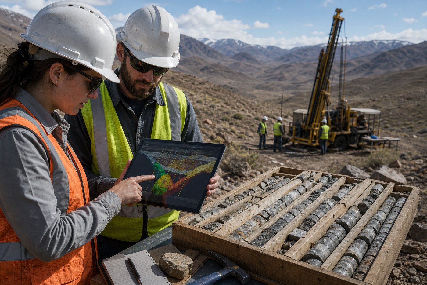 Mineral exploration animation reference with geologists, core samples, and drill rig