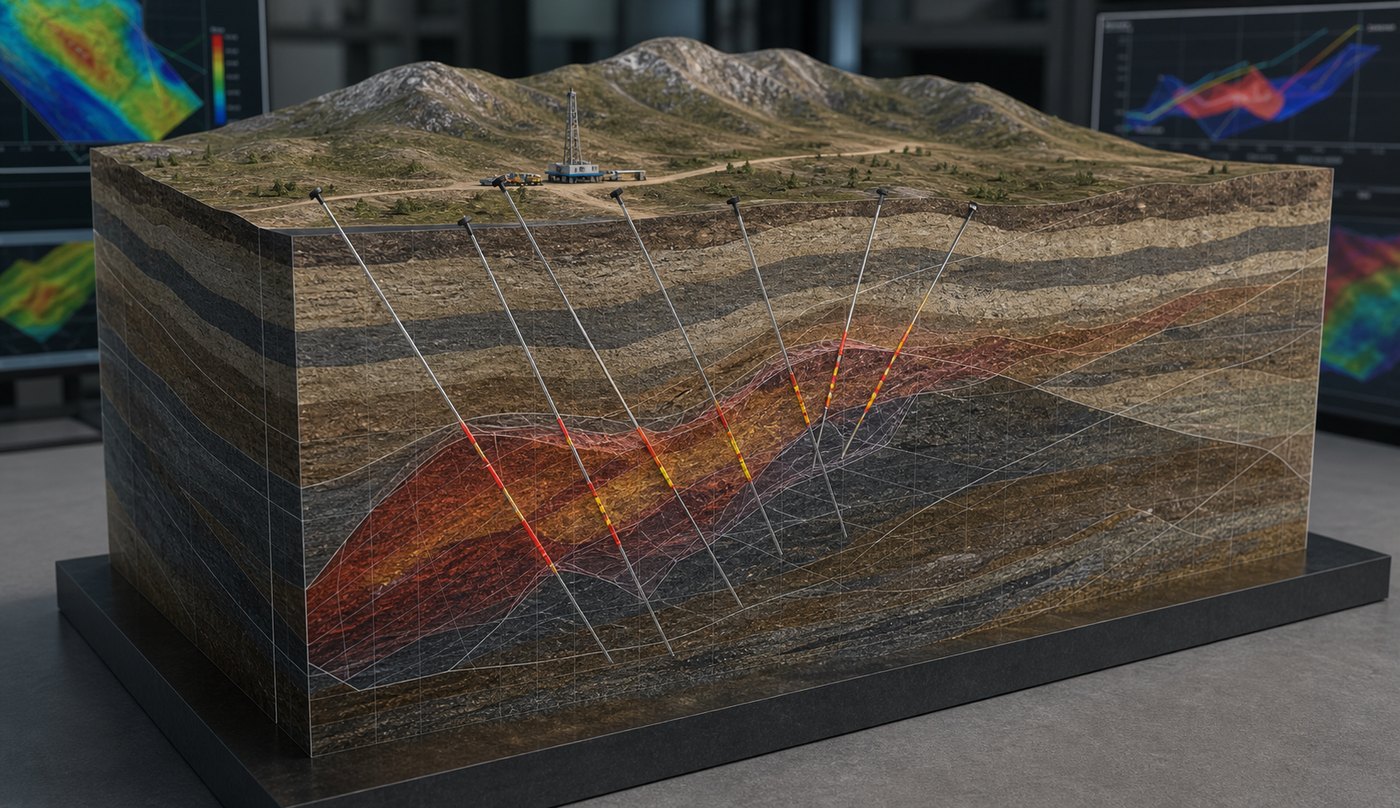 Geological 3D animation showing drill targets and subsurface mineralized zones