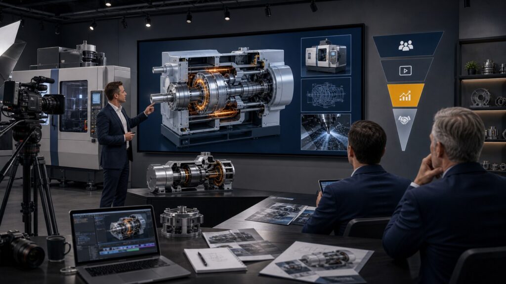 Industrial marketing presentation with 3D product animation, cutaway visuals, and B2B sales campaign elements