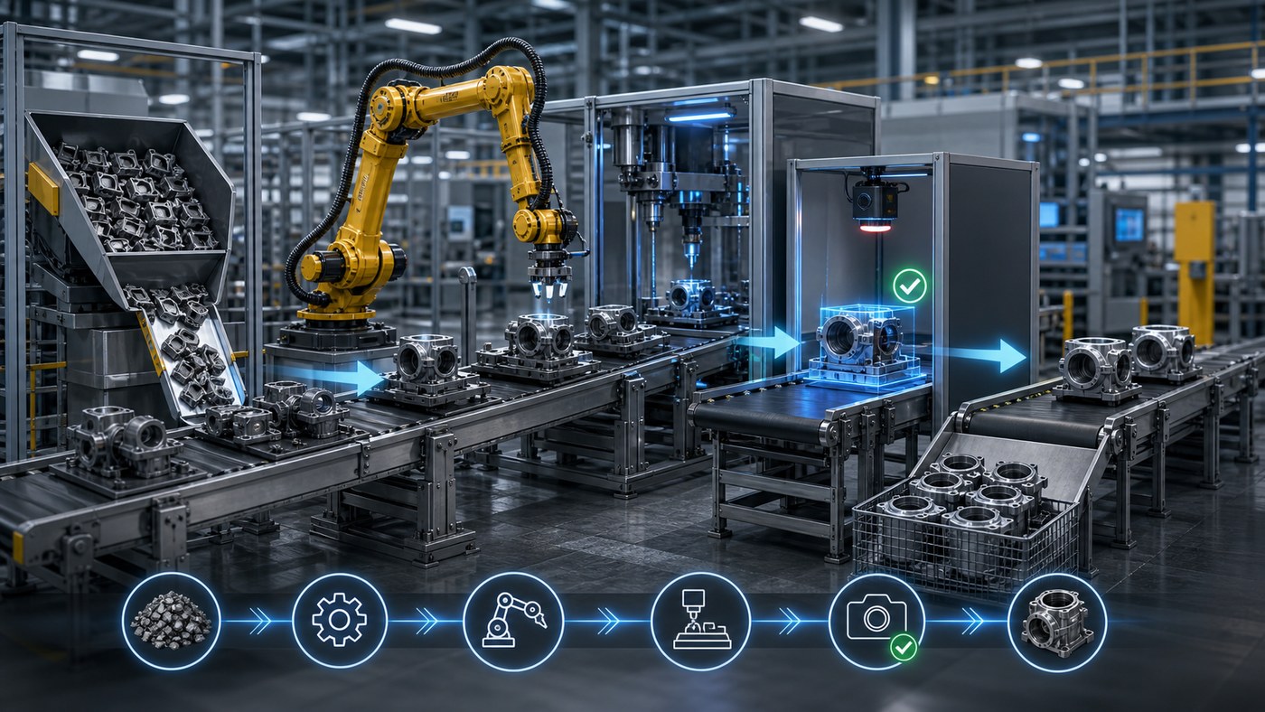 3D manufacturing process video showing raw material, robotic automation, inspection, and finished product output
