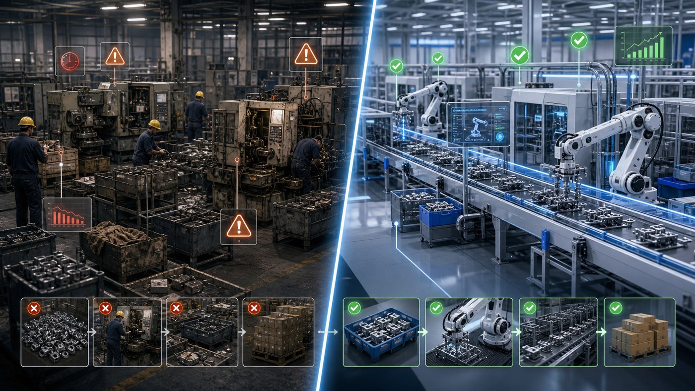 Split-screen industrial advertising visual comparing a production problem with a streamlined automated solution