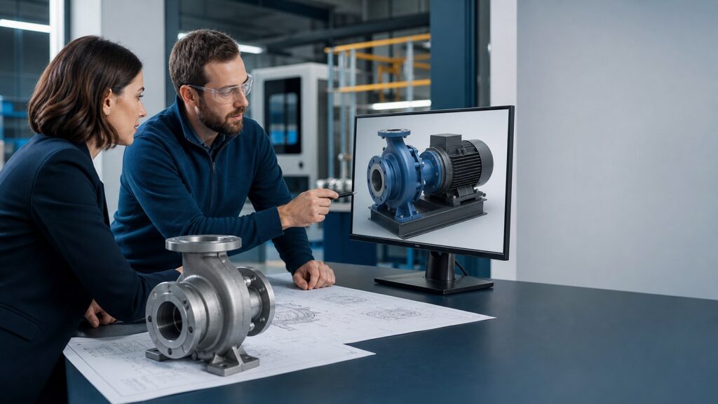 Engineer and marketer reviewing an industrial product advertising animation