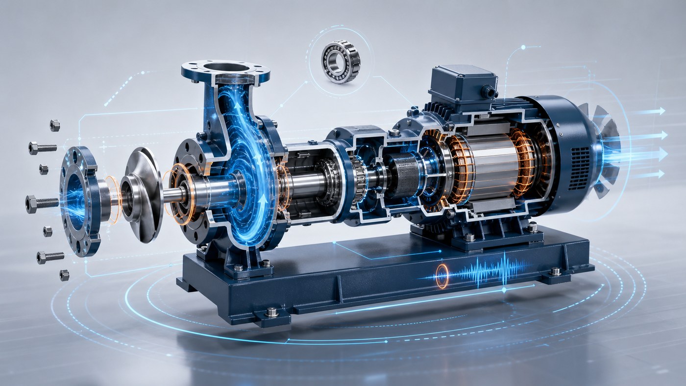 3D industrial product explainer showing machine cutaway components and motion paths in a clean studio setting