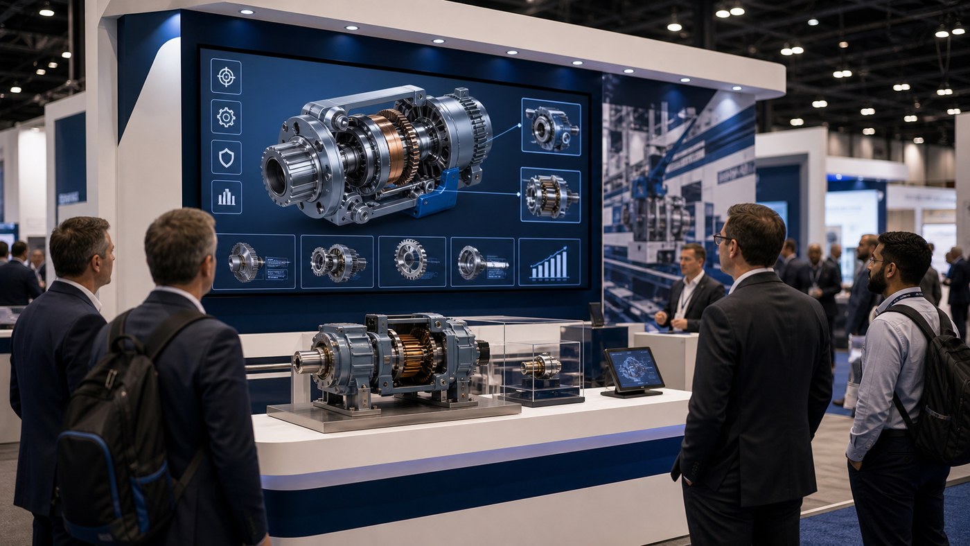 Industrial trade show booth with large screen playing a 3D product animation for visitors