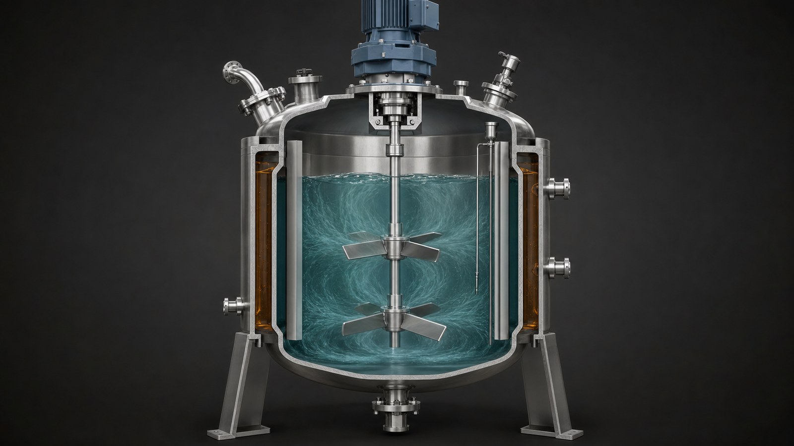 3D cutaway animation of a jacketed chemical reactor
