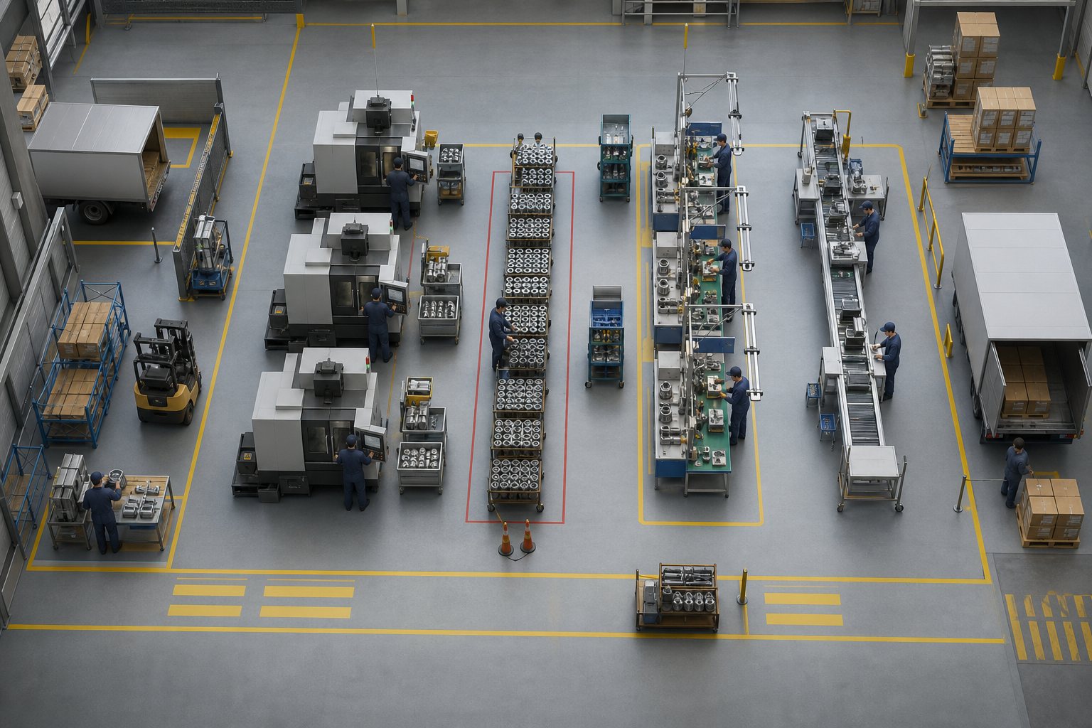 3D Animation for Lean Manufacturing Training Programs 2 Manufacturing process visualization showing flow cells and a visible bottleneck queue