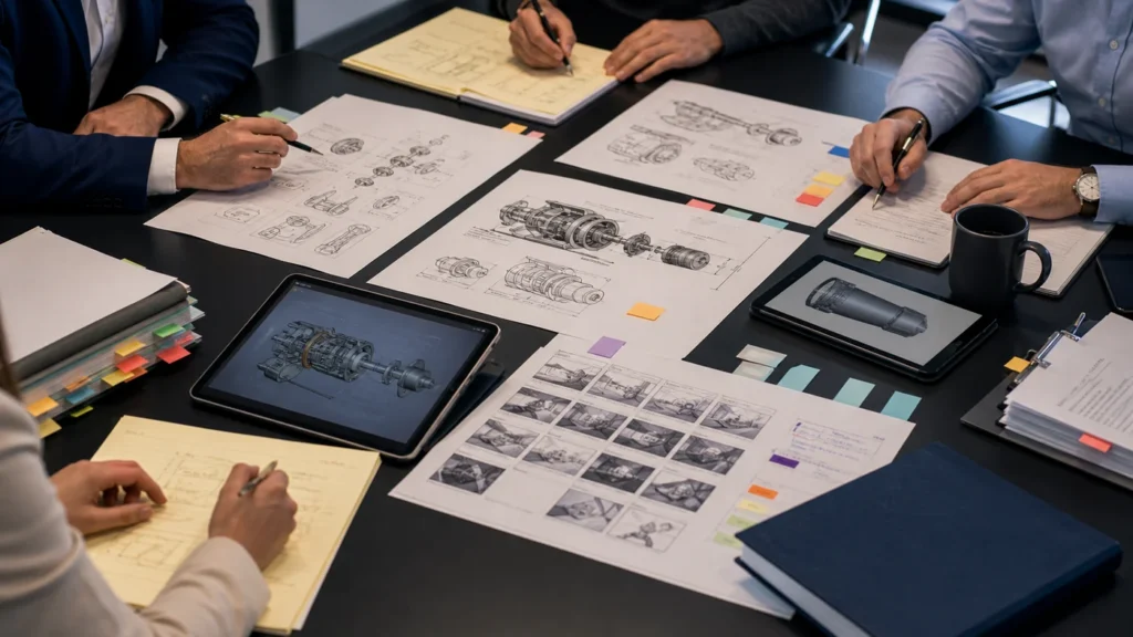 Production board with patent drawings, CAD models, storyboard frames, attorney notes, and expert review materials