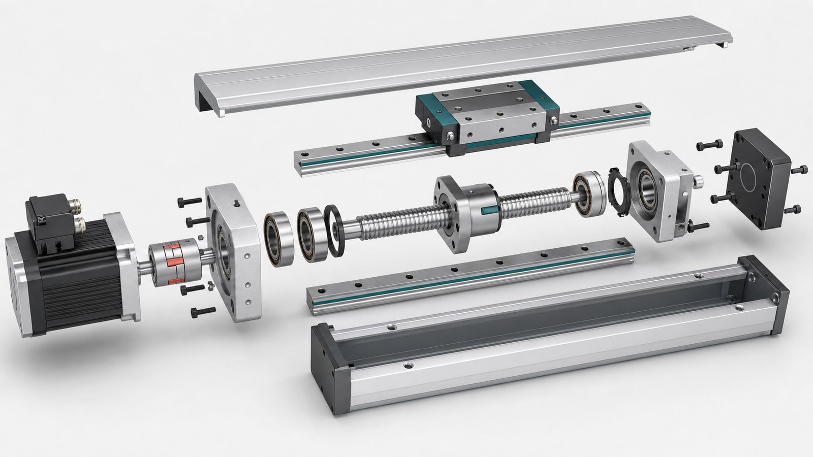 Exploded-view animation of an electromechanical linear actuator