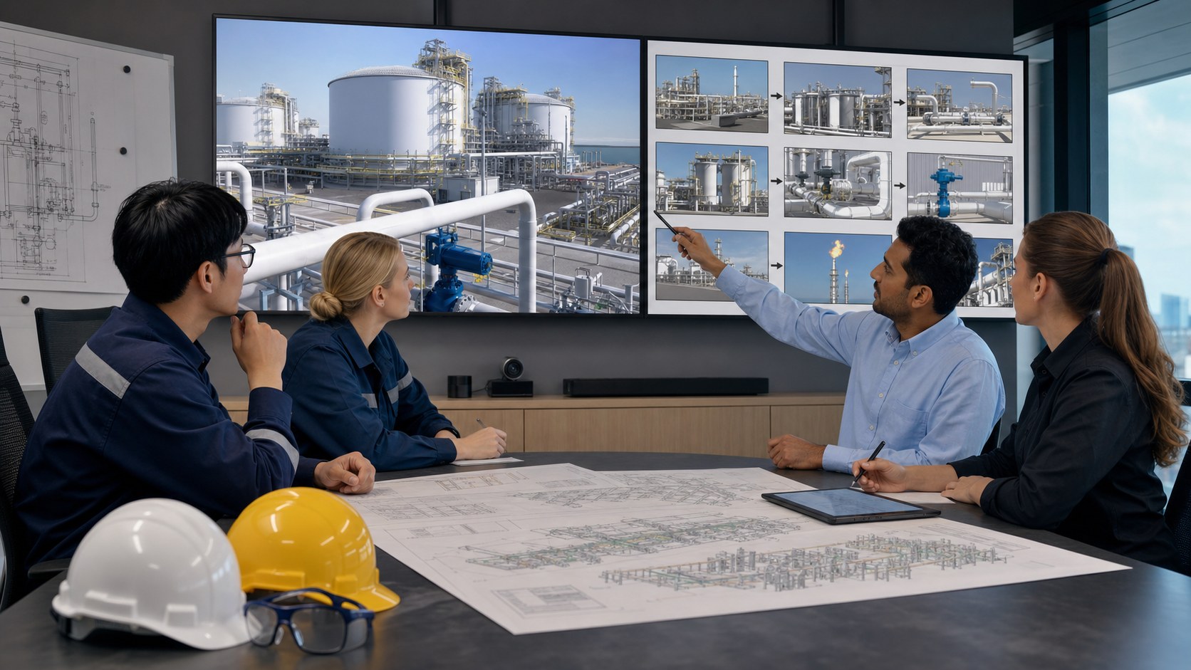 LNG operators and engineers reviewing a realistic 3D facility training animation