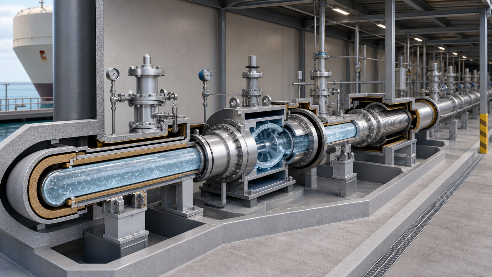 Scientifically plausible 3D LNG transfer animation showing insulated piping and controlled cryogenic flow