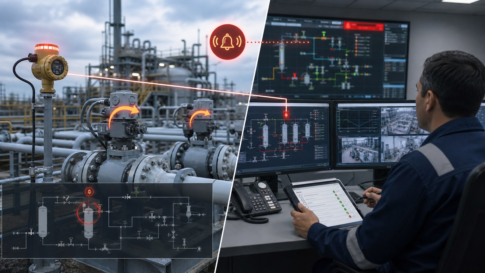 Realistic LNG emergency shutdown animation showing detection isolation and operator notification