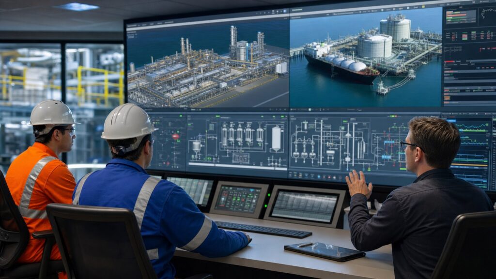 LNG facility animation training reviewed by operators in a control room