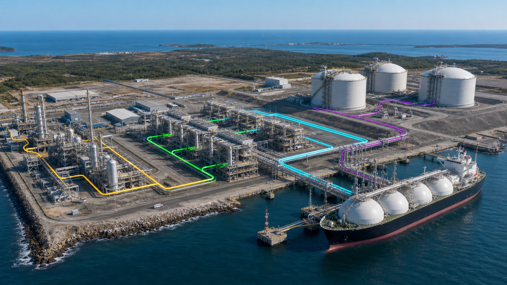 Realistic LNG facility animation training visualization showing the process from gas treatment to storage and transfer