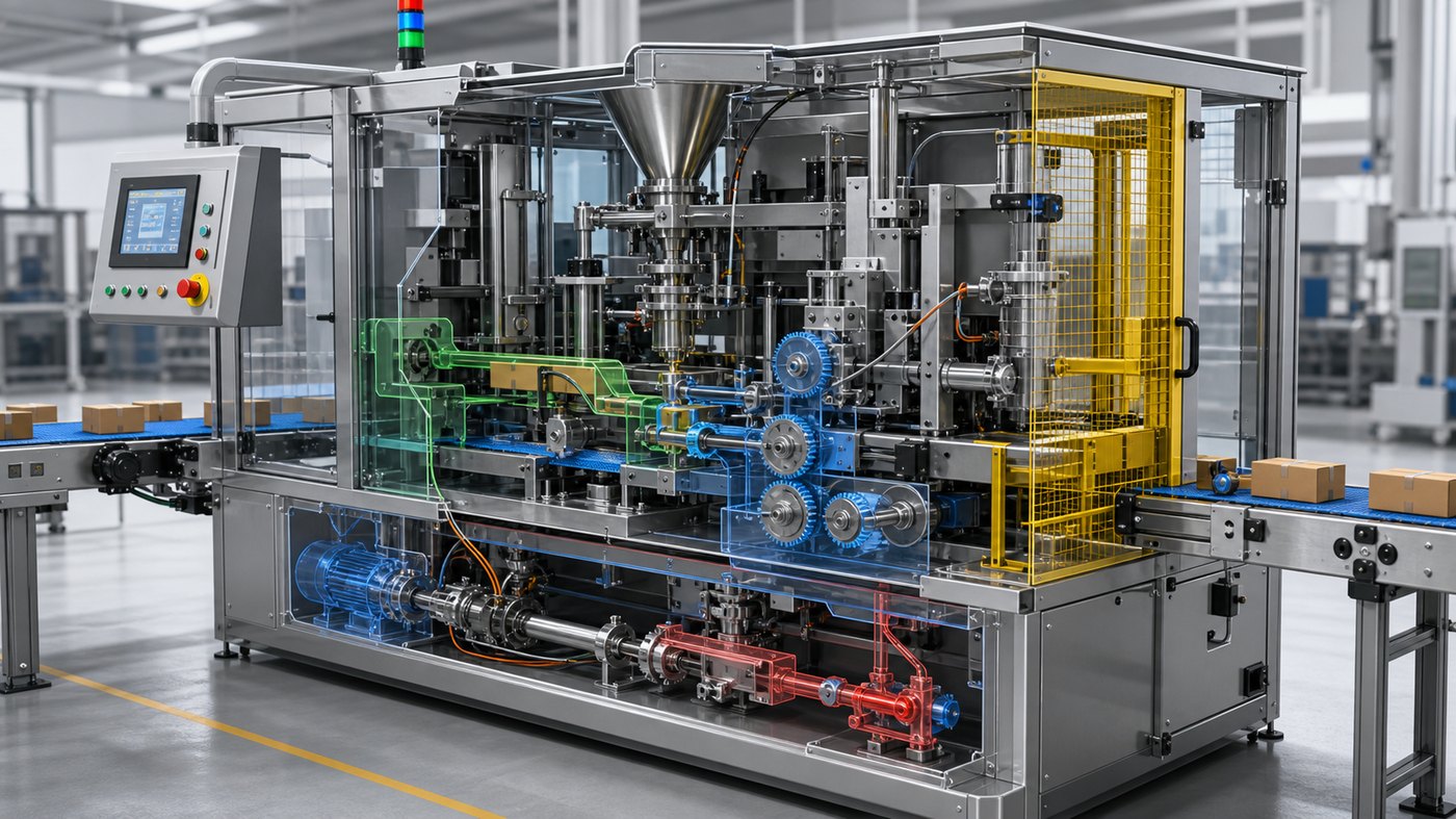 3D cutaway training animation showing manufacturing equipment parts, sensors, guards, and material flow