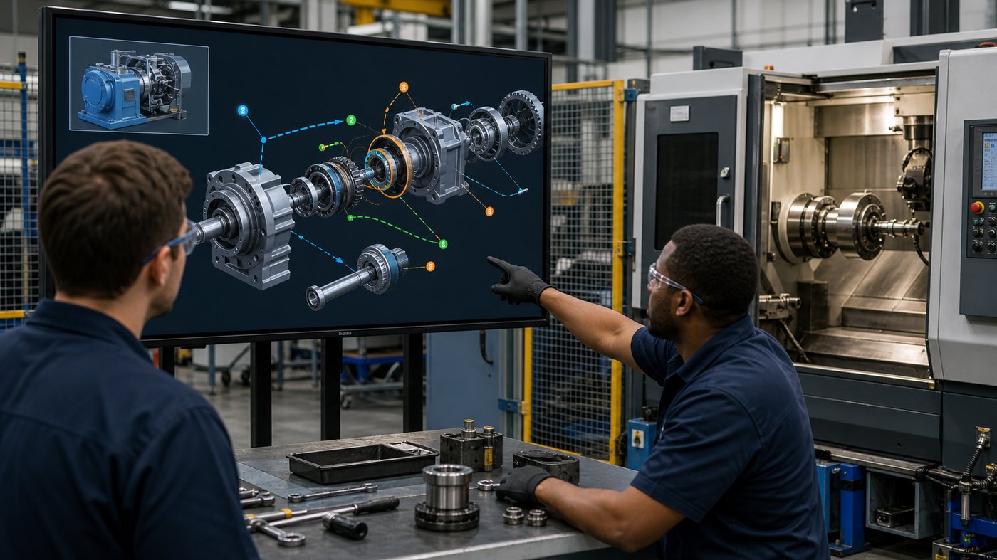 Manufacturing maintenance training animation with exploded machine parts and technician service procedure