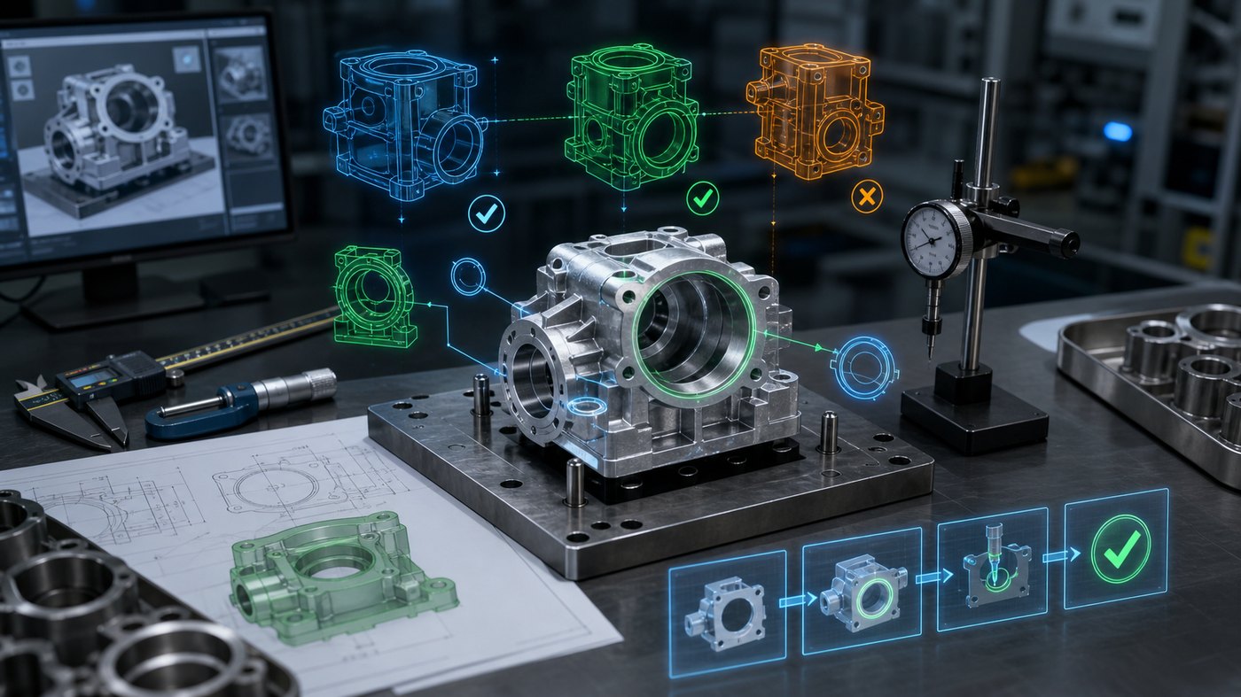Quality control training animation showing part orientation, inspection points, and measurement checkpoints