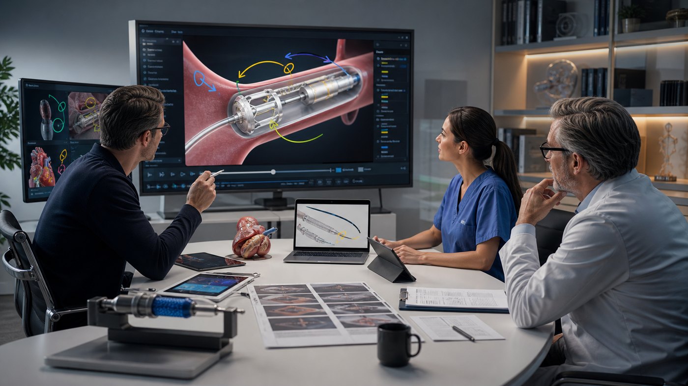 Medical animation regulatory review workflow with clinicians checking surgical device training visuals