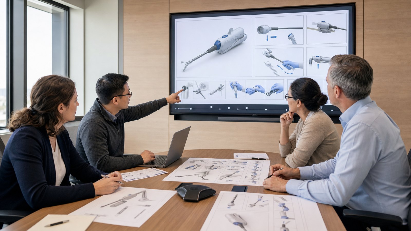 Medical device team reviewing training animation for accuracy