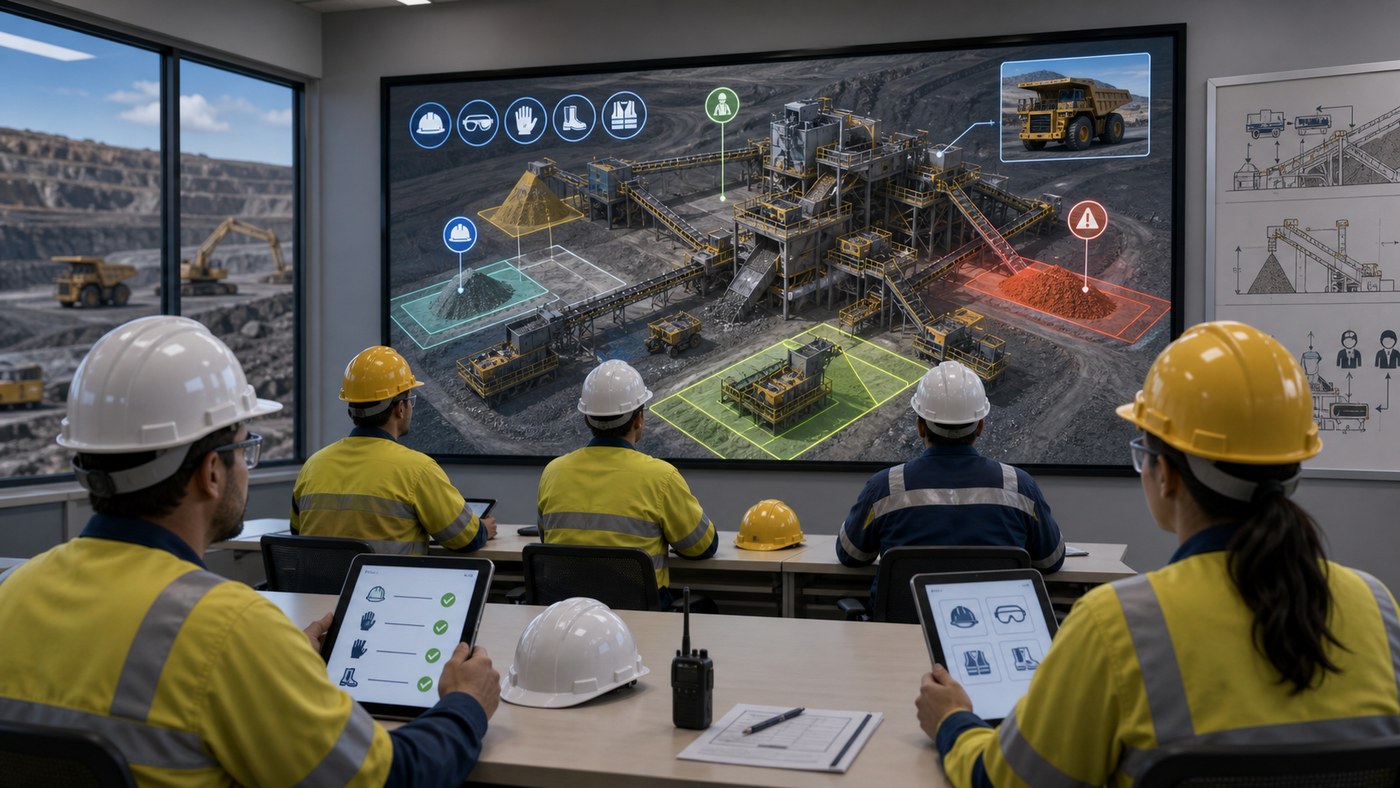 Mineral Resources Visualization Using 3D Animation 5 Mining workers reviewing a 3D animated safety module with equipment zones and material flow visualization