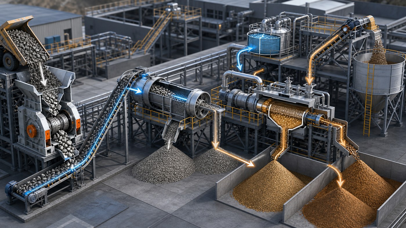 Mineral Resources Visualization Using 3D Animation 4 3D mineral processing plant showing material flow from crusher to conveyor, separator, and storage