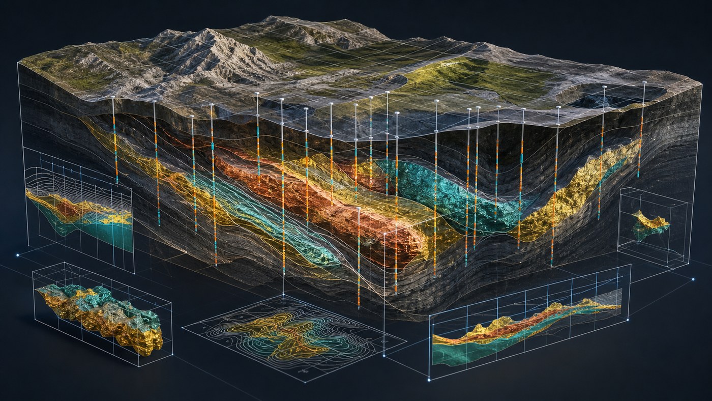 Mineral Resources Visualization Using 3D Animation 3 3D geological model with terrain surface, drill holes, cross sections, and transparent underground ore body