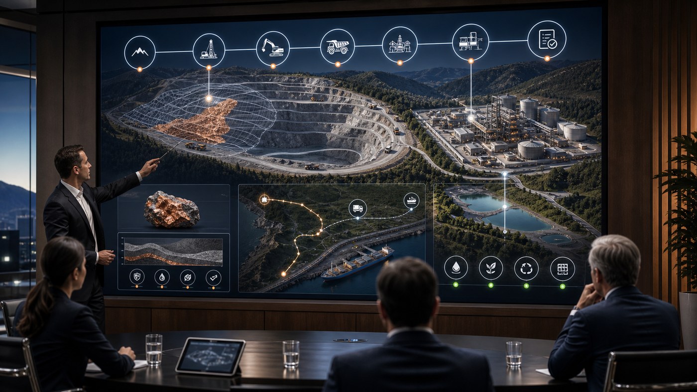 Mineral Resources Visualization Using 3D Animation 6 Investor presentation room showing a 3D mine development visualization with site model, processing plant, logistics route, and environmental controls