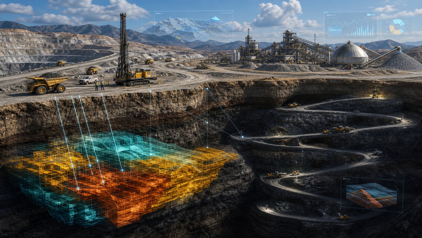 Mineral Resources Visualization Using 3D Animation 1 Open pit mining site with underground ore body model, drill paths, and processing plant visualization overlays