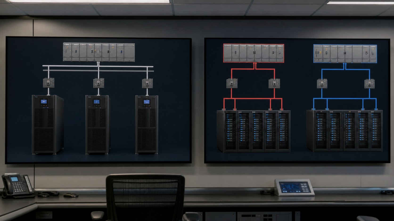 Visual comparison of N+1 capacity redundancy and 2N data center power architecture