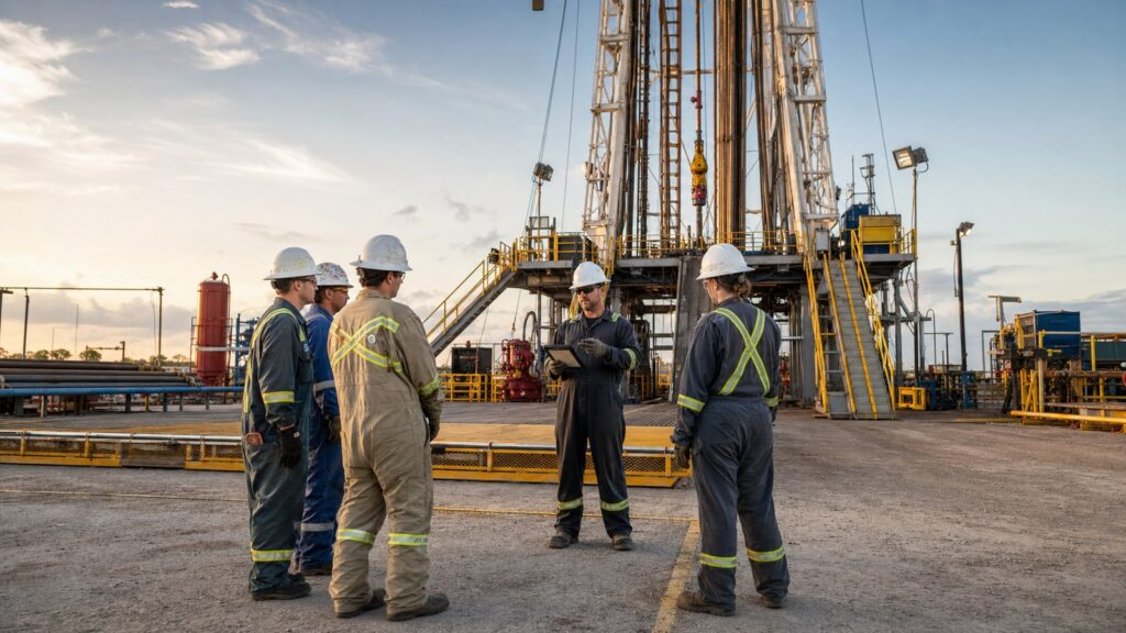 Oil and gas drilling animation training session beside a modern land drilling rig