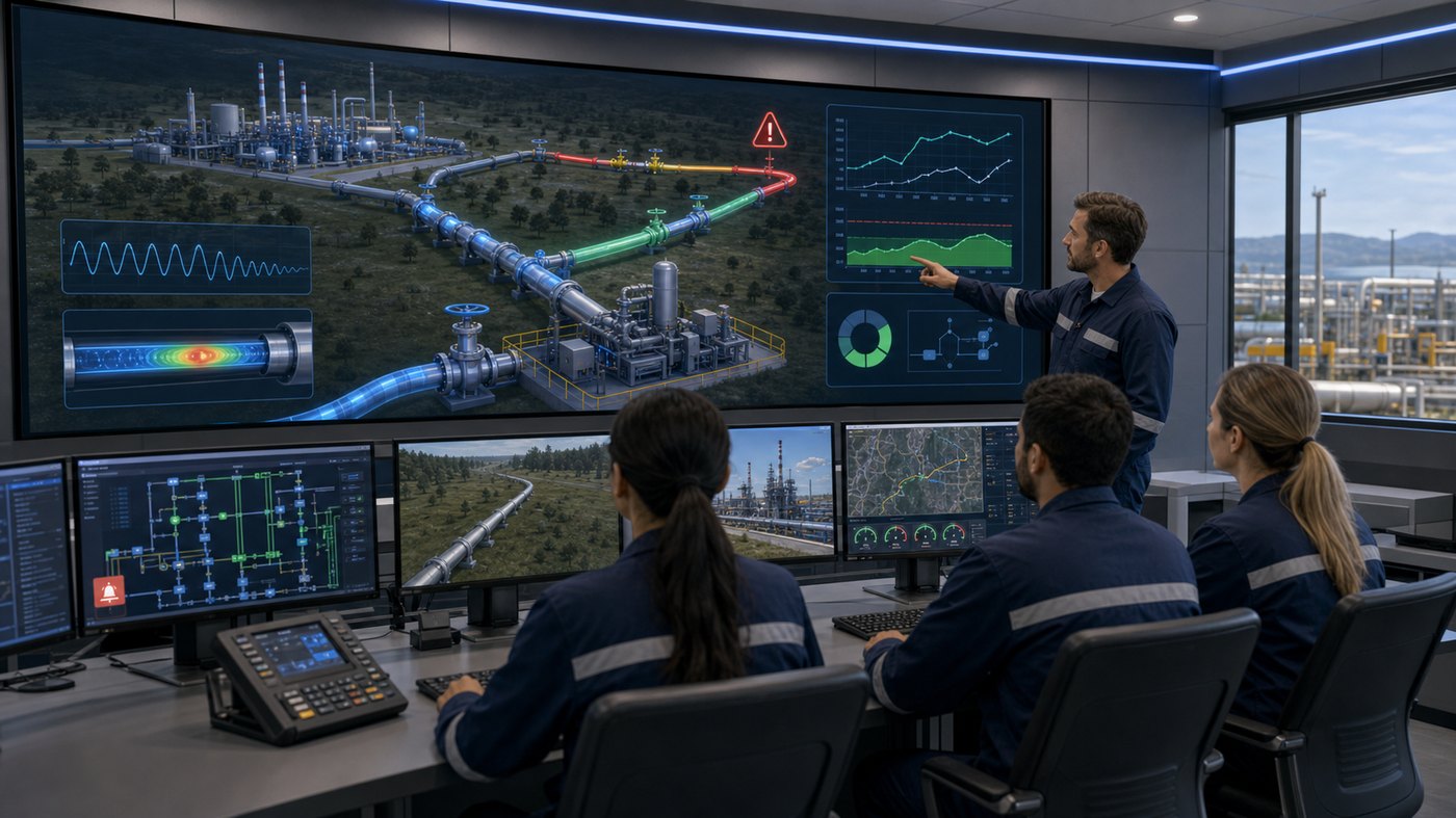 Pipeline control room operator training animation with SCADA-style displays