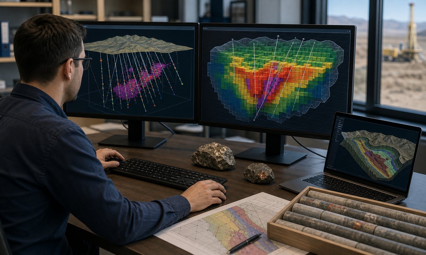 Resource estimation animation showing drill data and a mineral block model