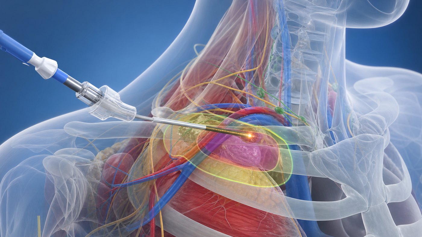 Surgical device anatomy placement animation showing device path, target tissue area, and surrounding anatomy