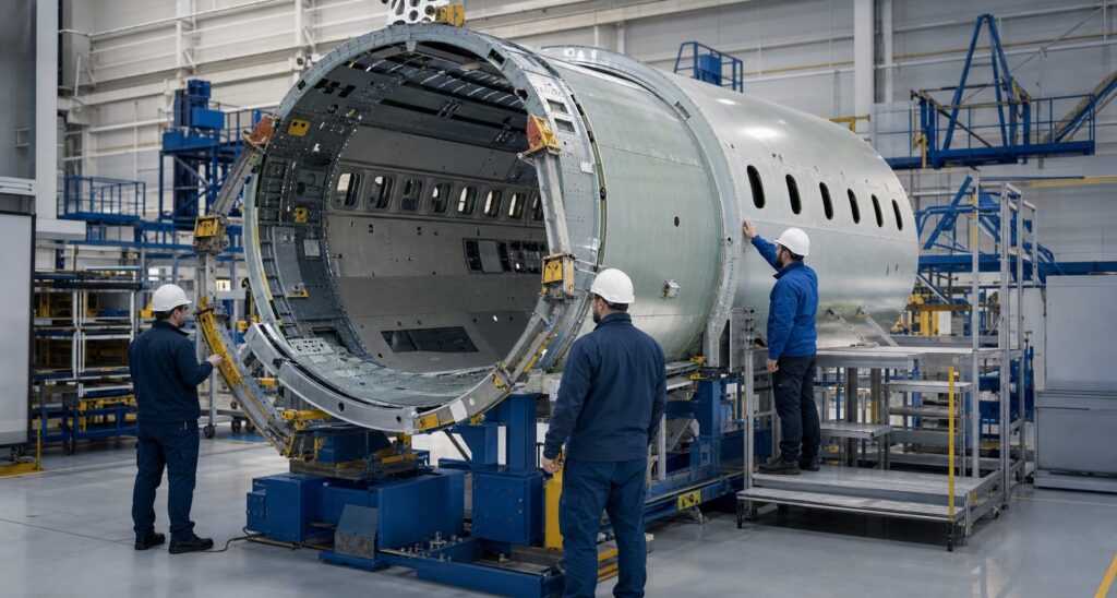 Technical animation for aerospace manufacturing represented by aircraft fuselage assembly