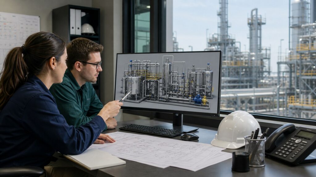 Engineers reviewing technical animation for chemical manufacturing