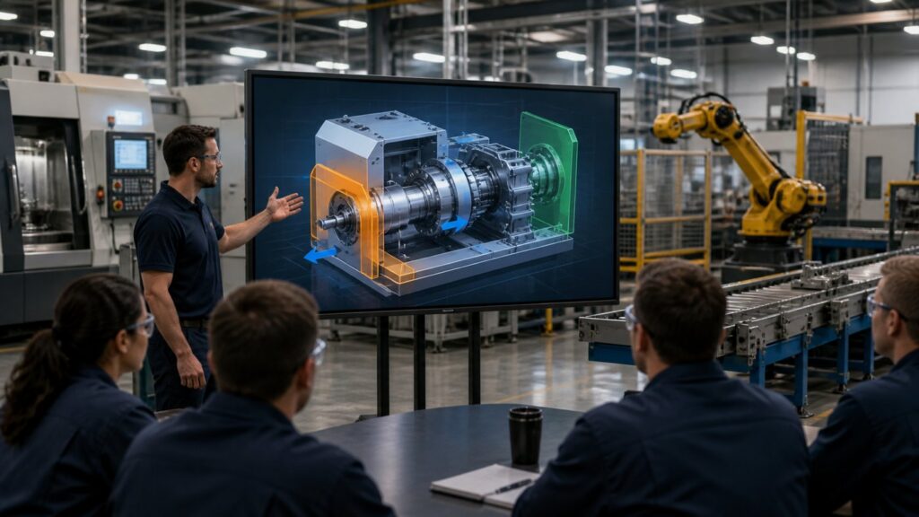 Technical training animation for manufacturing plants with workers reviewing a 3D machine training module