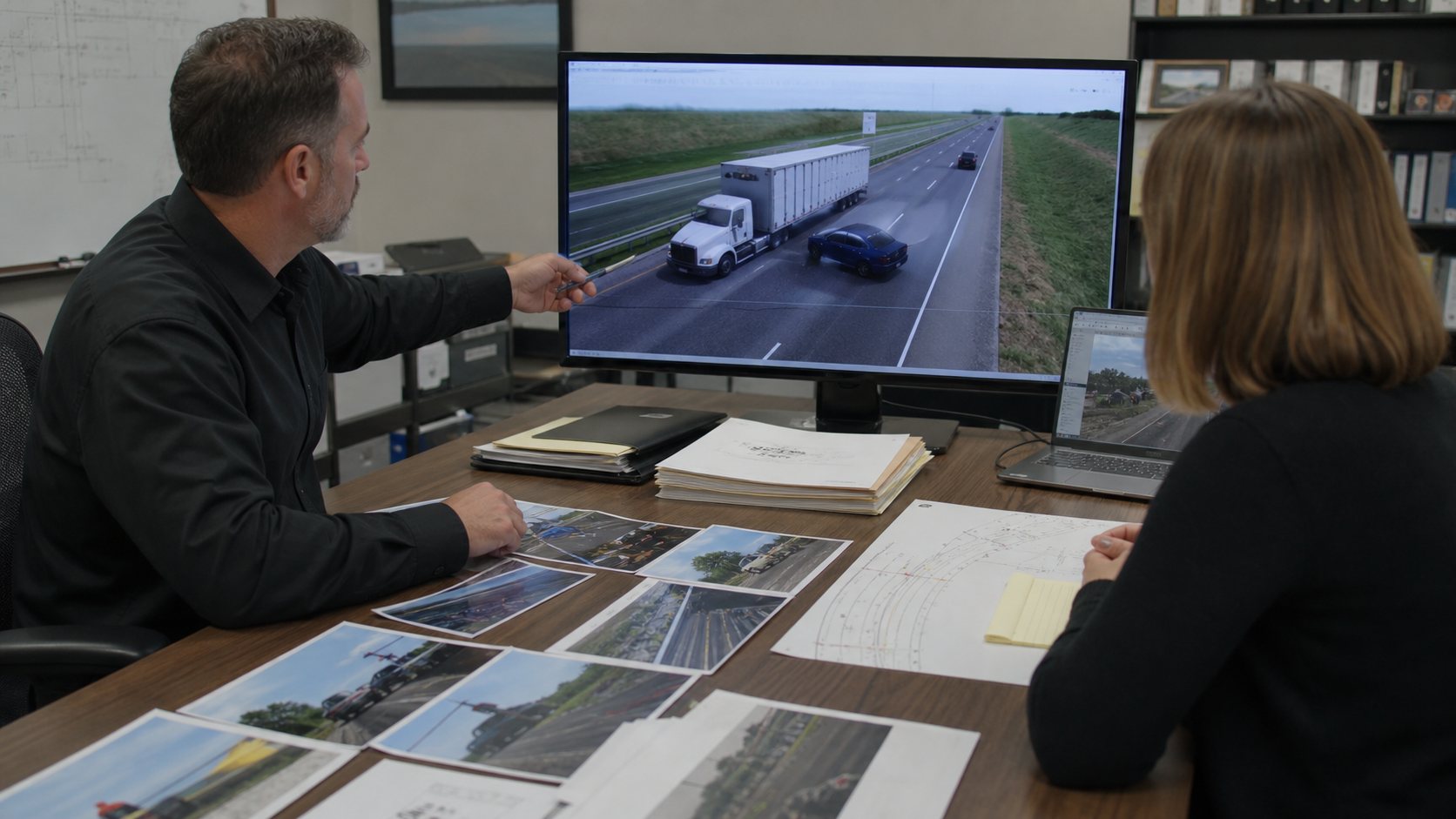 Truck accident reconstruction team reviewing roadway measurements and vehicle evidence