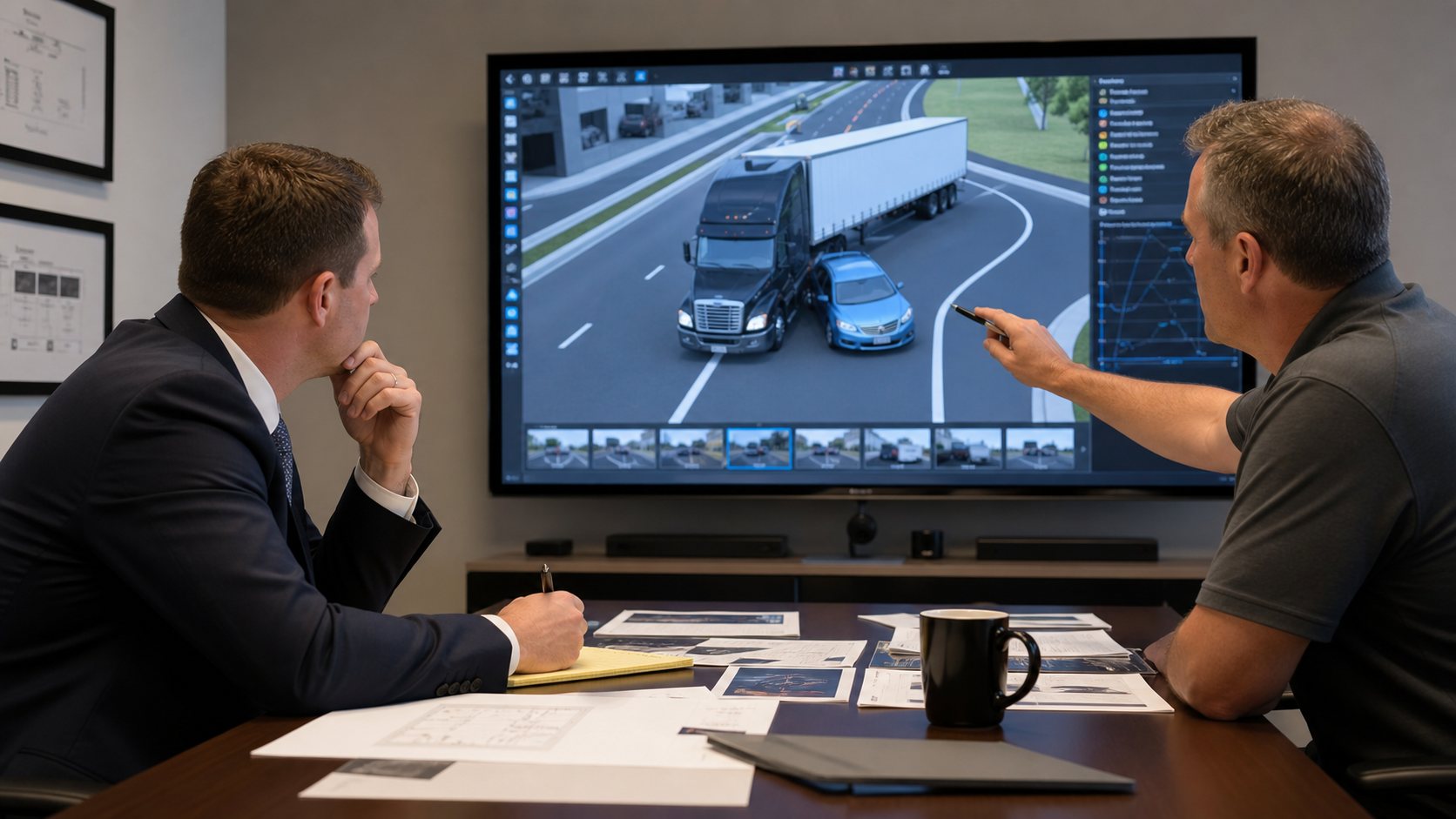 Attorney and accident reconstruction expert reviewing a 3D truck collision animation