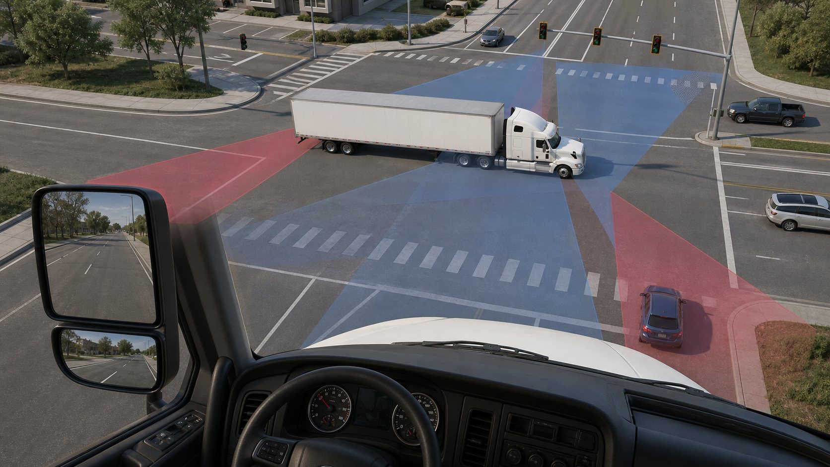 Realistic 3D truck cab visibility study showing supported sight lines at an intersection