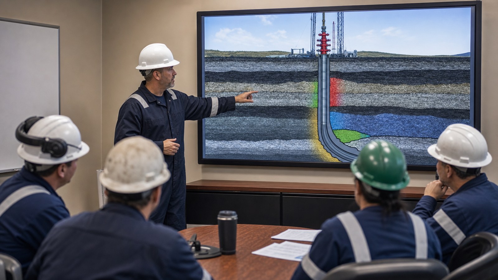 Well control training animation reviewed by an oil and gas drilling crew