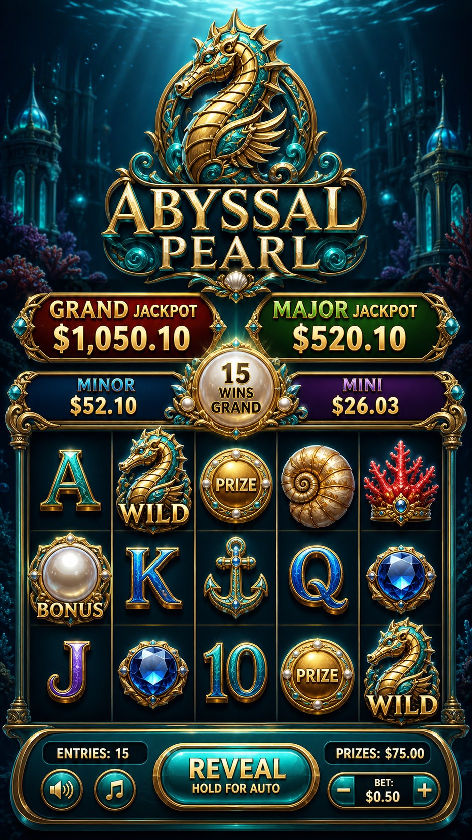 Abyssal Pearl underwater slot game art with seahorse symbols, progressive jackpot amounts, and player controls