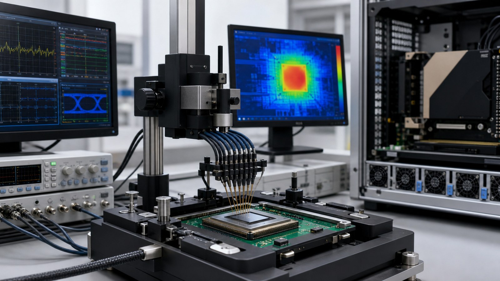 AI Chip Manufacturing Animation 5 AI accelerator package testing with electrical probes thermal imaging and server validation equipment