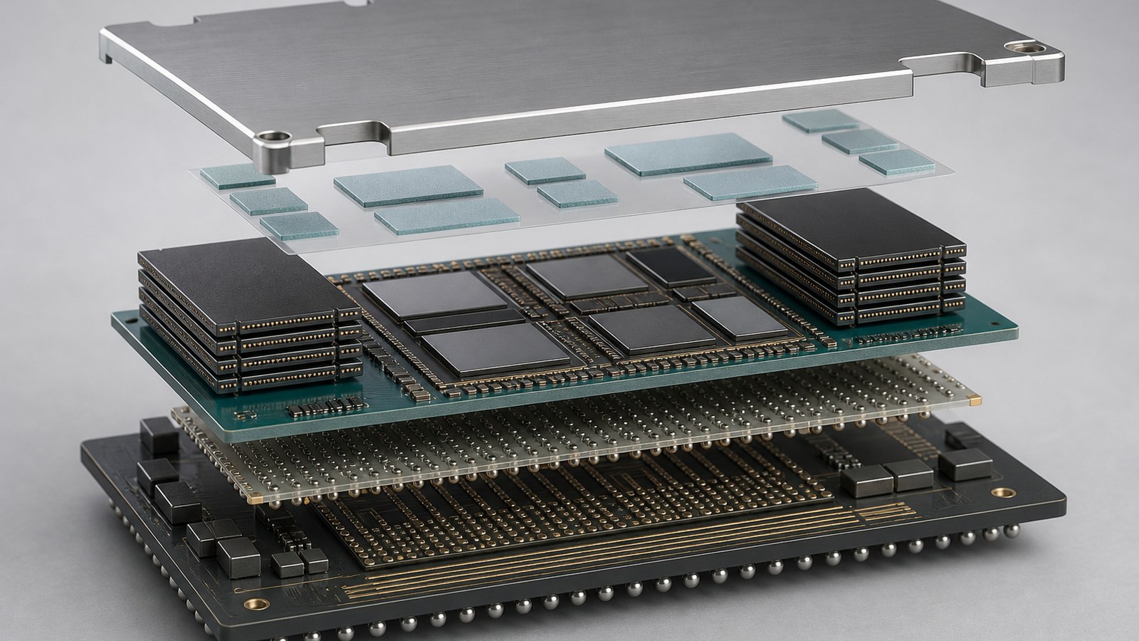 AI Chip Manufacturing Animation 3 AI chip advanced packaging animation showing logic chiplets high bandwidth memory interposer substrate and heat spreader